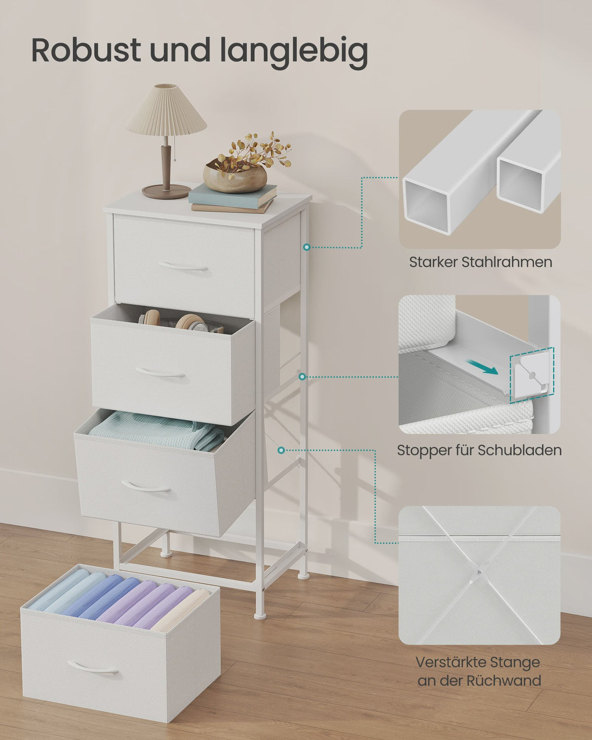 SONGMICS Ladekast met 4 Stoffen Lades - Opbergkast met Stalen Frame en MDF Topblad