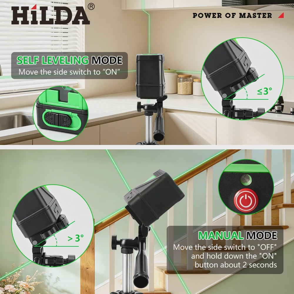 HILDA 2D Laser Waterpas met Groene Straal - Zelfnivellerend, IP54, 30m Bereik