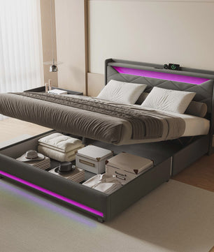 Luxe Boxspring Bed met Opbergruimte, LED Verlichting en USB - Grijs Linnen