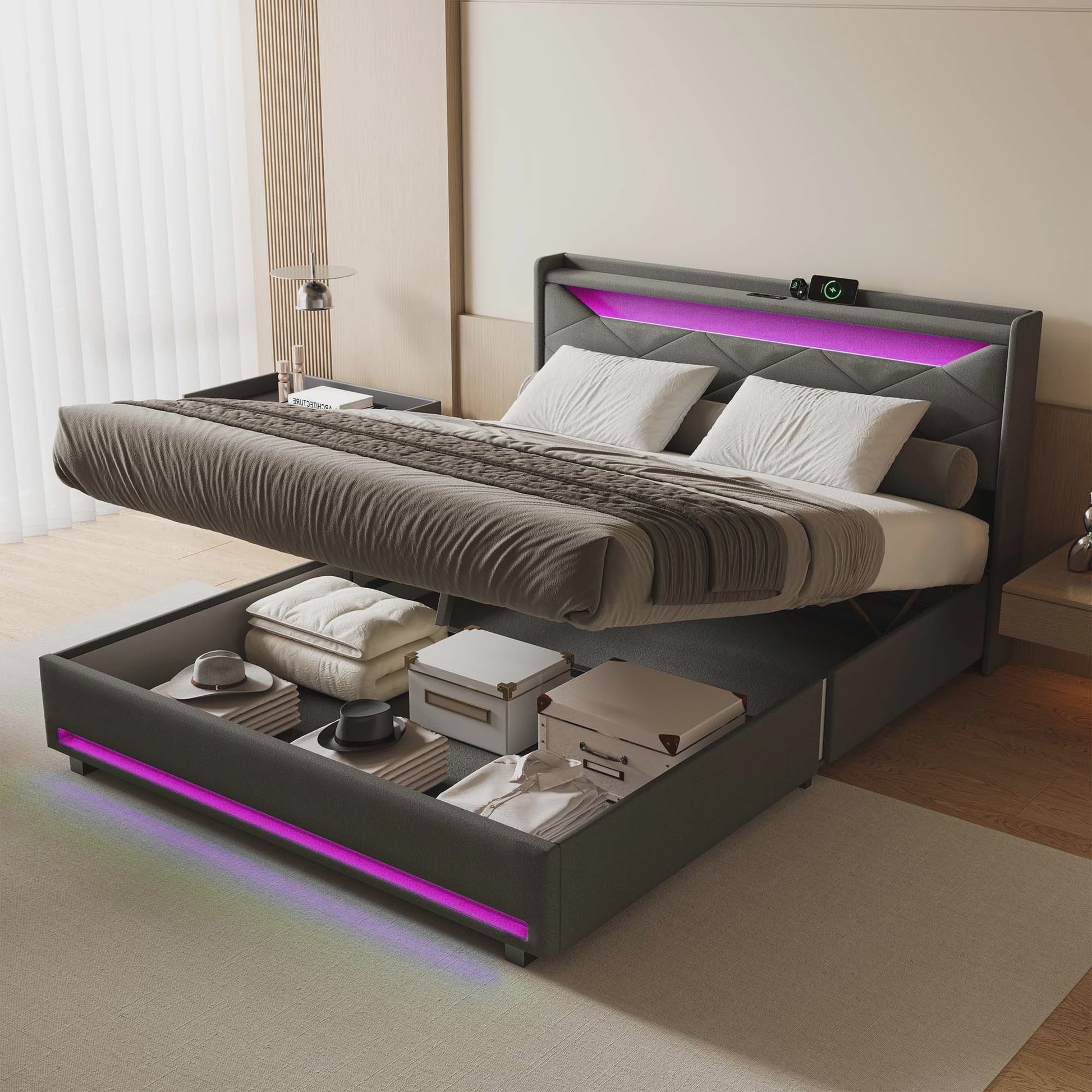 Luxe Boxspring Bed met Opbergruimte, LED Verlichting en USB - Grijs Linnen