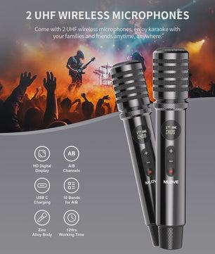 MLOVE D5 Professionele Karaoke Machine met 2 Draadloze Microfoons & Bluetooth