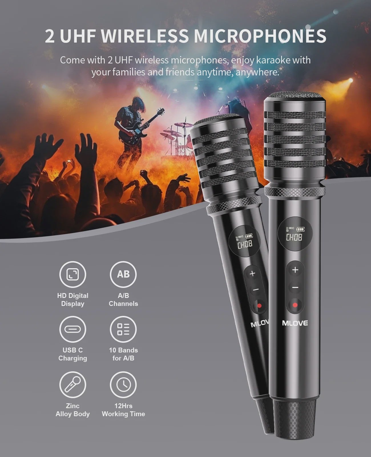 MLOVE D5 Professionele Karaoke Machine met 2 Draadloze Microfoons & Bluetooth