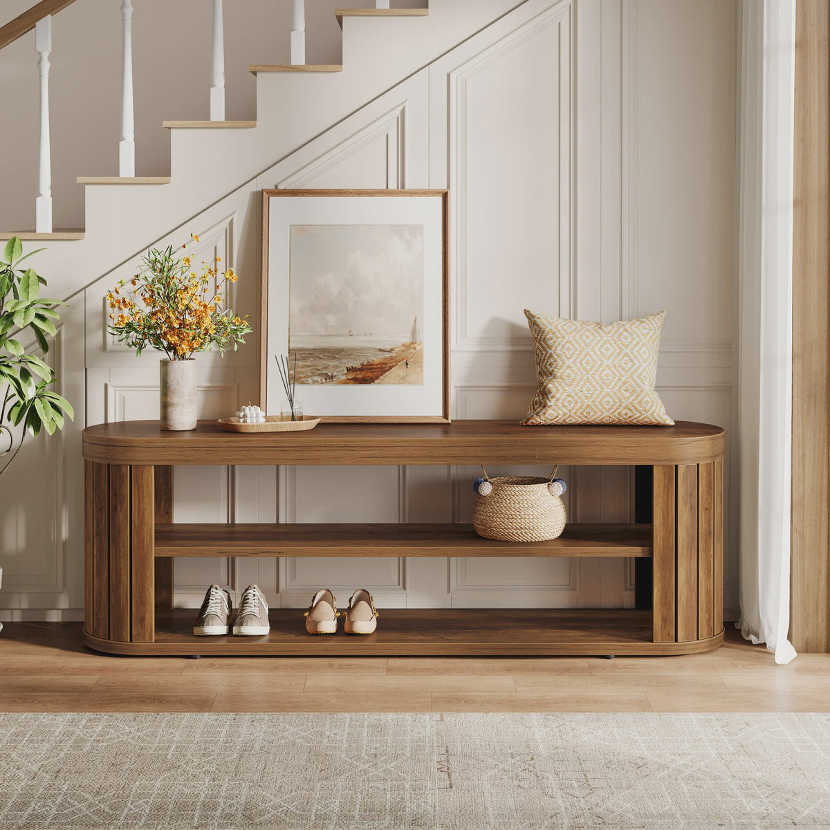 Houten Entree Bank met Schoenopslag - 47.2" - Farmhouse Stijl - Verstelbare Voetjes