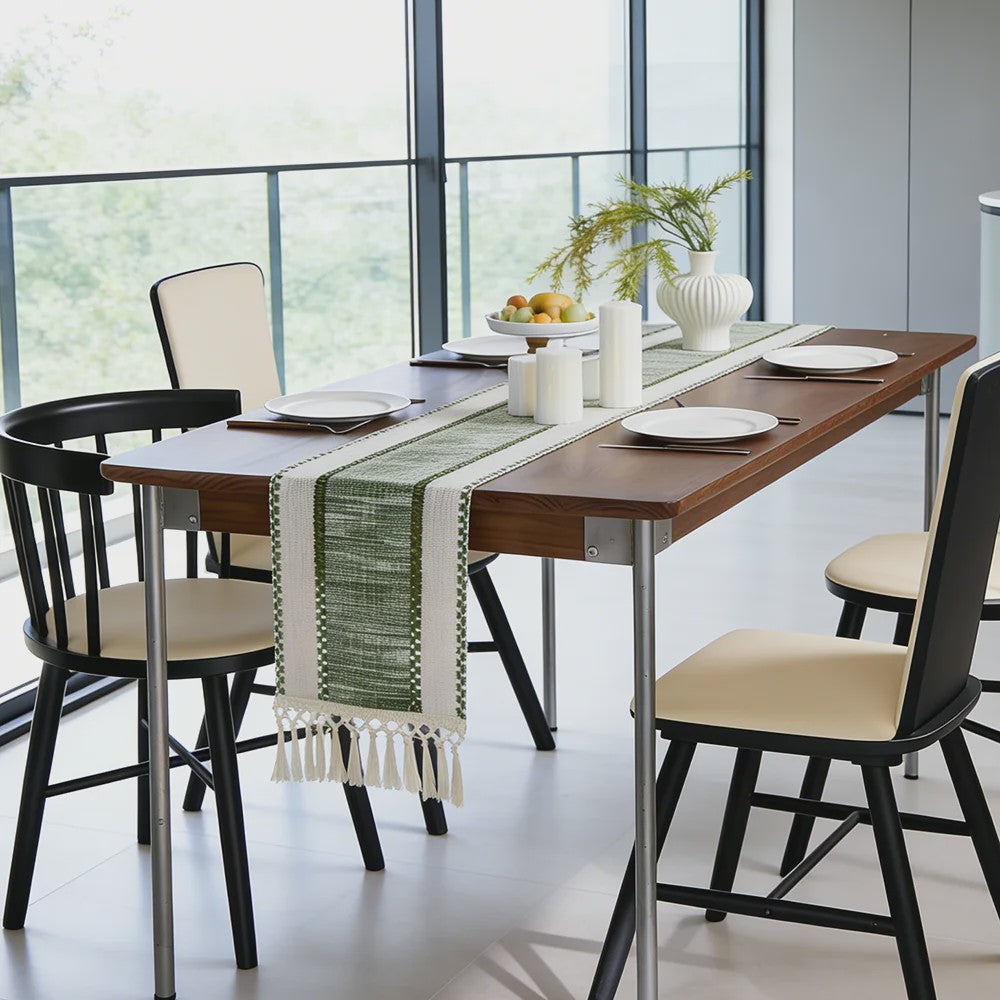 Groene Boho Tafel Runner met Franjes - Handgeweven - Rustiek Lente Decoratie