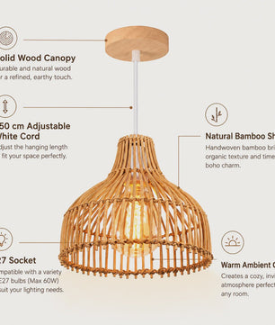 Rieten Hanglamp 24cm - Boho Stijl Plafondlamp voor Keuken, Woon- en Eetkamer