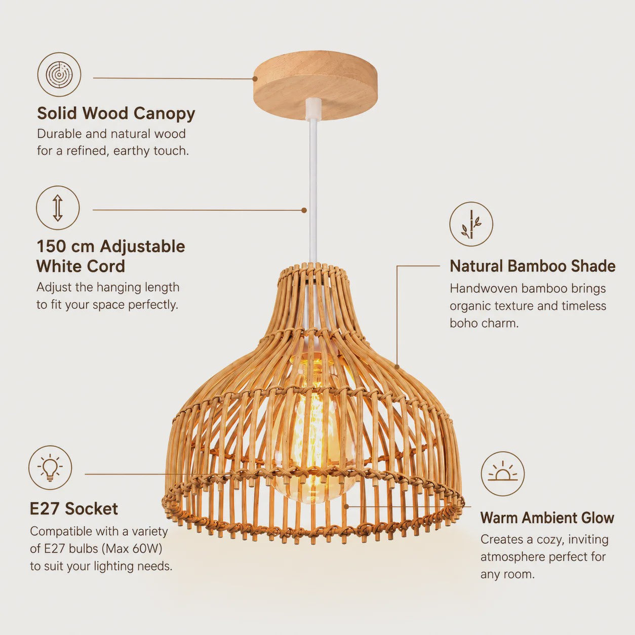 Rieten Hanglamp 24cm - Boho Stijl Plafondlamp voor Keuken, Woon- en Eetkamer