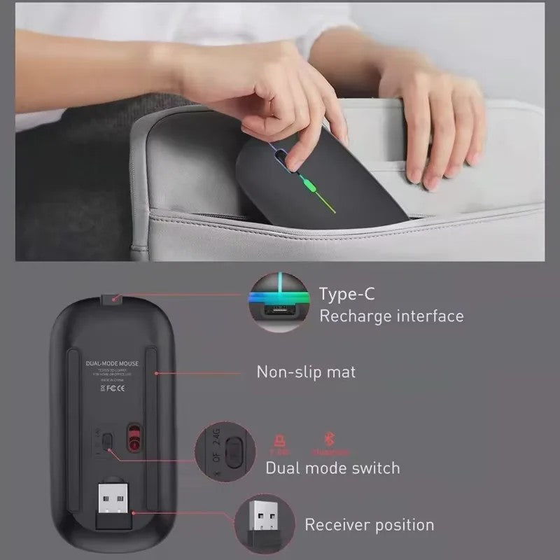 Draadloze Oplaadbare RGB Muis - Bluetooth & USB, Stil & Ergonomisch