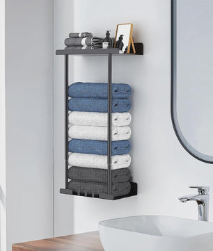 Verstelbaar Zwart Handdoekrek met Boven- en Onderplank - Ideaal voor Badkamer, Camper, Woonkamer & Sauna