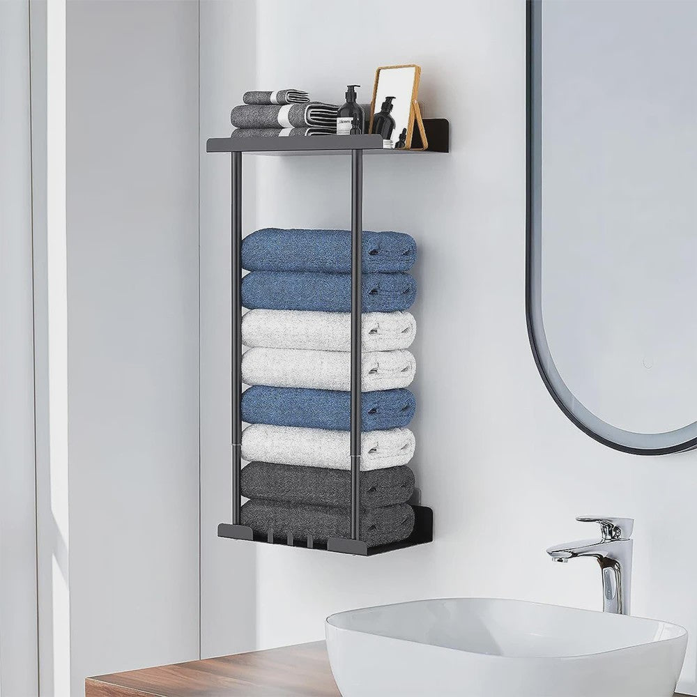 Verstelbaar Zwart Handdoekrek met Boven- en Onderplank - Ideaal voor Badkamer, Camper, Woonkamer & Sauna