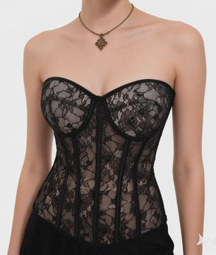 Zwarte kanten korset bustier met push-up cups en push-up effect - Lingerie en body shaper