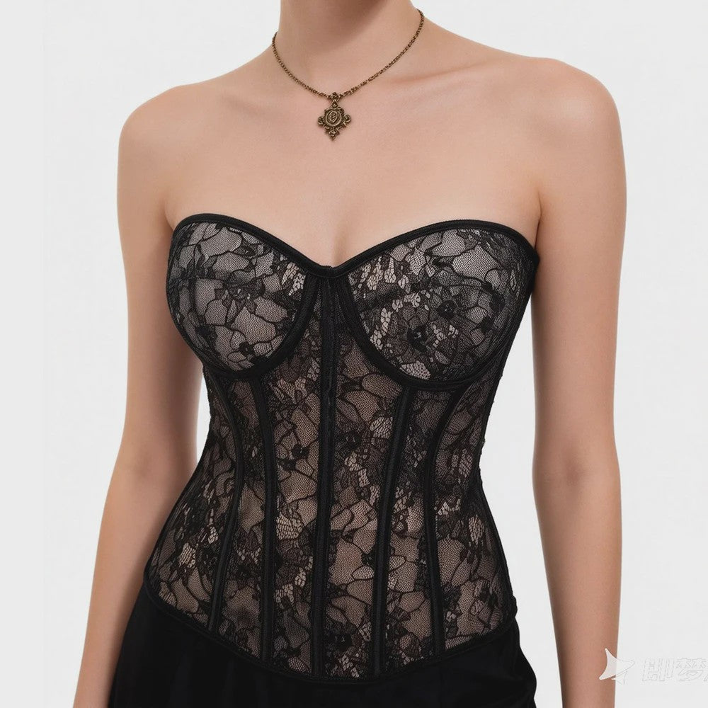 Zwarte kanten korset bustier met push-up cups en push-up effect - Lingerie en body shaper