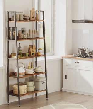 5-Laags Ladder Boekenkast - Smal Houten Wandrek met Metalen Frame