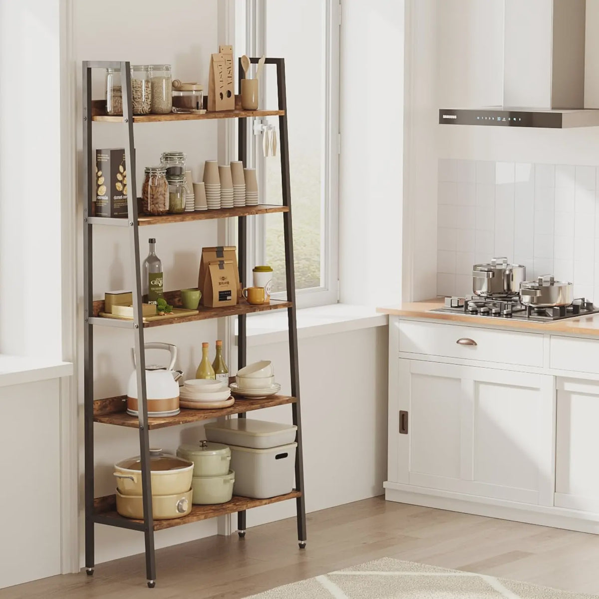 5-Laags Ladder Boekenkast - Smal Houten Wandrek met Metalen Frame