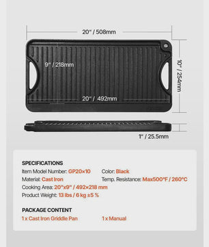 Omkeerbare Gietijzeren Grillplaat/Bakplaat 492x218mm - Draagbaar, Rechthoekig, Voor Binnen & Buiten Koken
