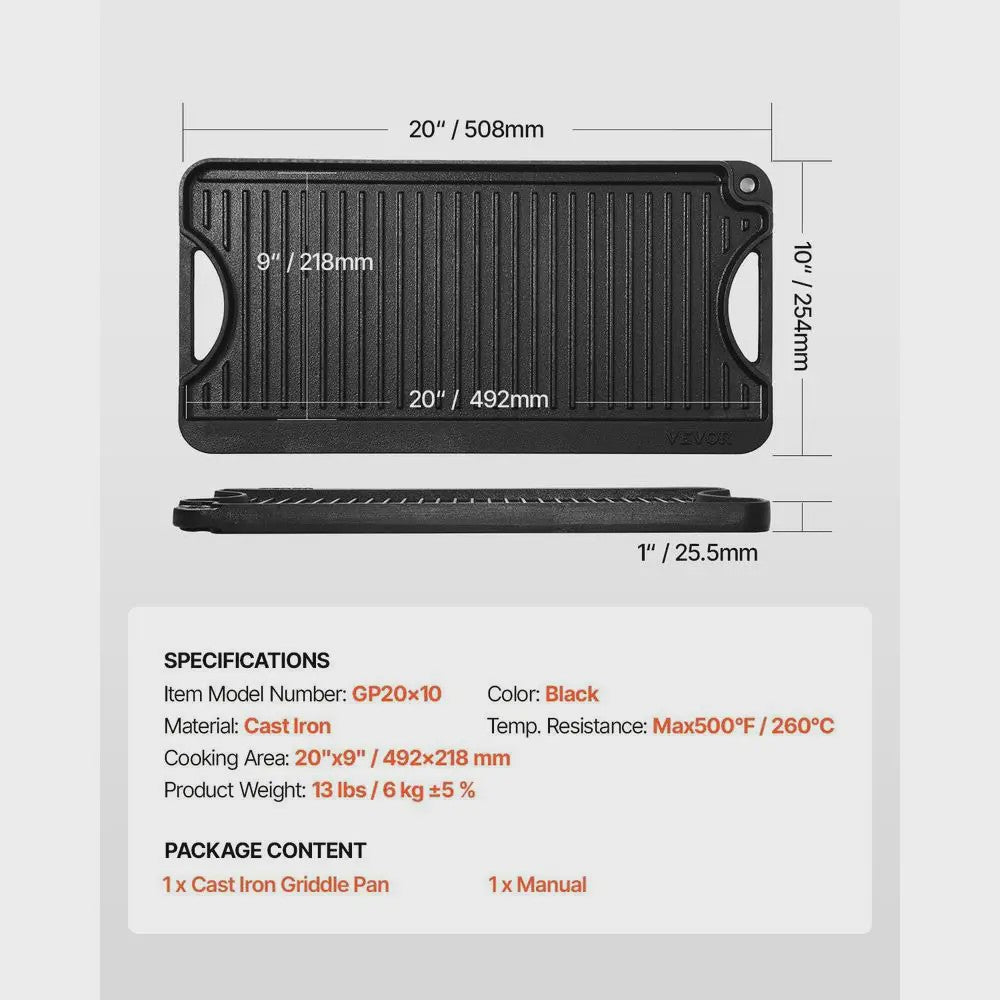 Omkeerbare Gietijzeren Grillplaat/Bakplaat 492x218mm - Draagbaar, Rechthoekig, Voor Binnen & Buiten Koken