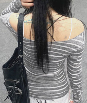 Dames Off-Shoulder Gestreept T-shirt met Lange Mouwen - Y2K Street Style