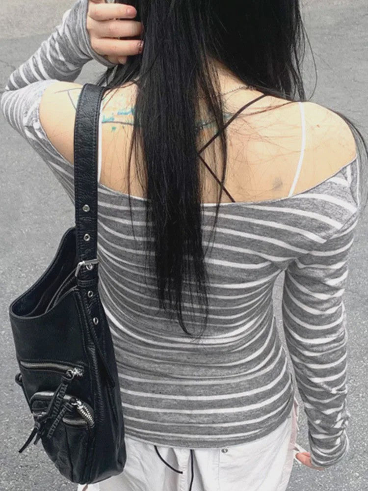 Dames Off-Shoulder Gestreept T-shirt met Lange Mouwen - Y2K Street Style