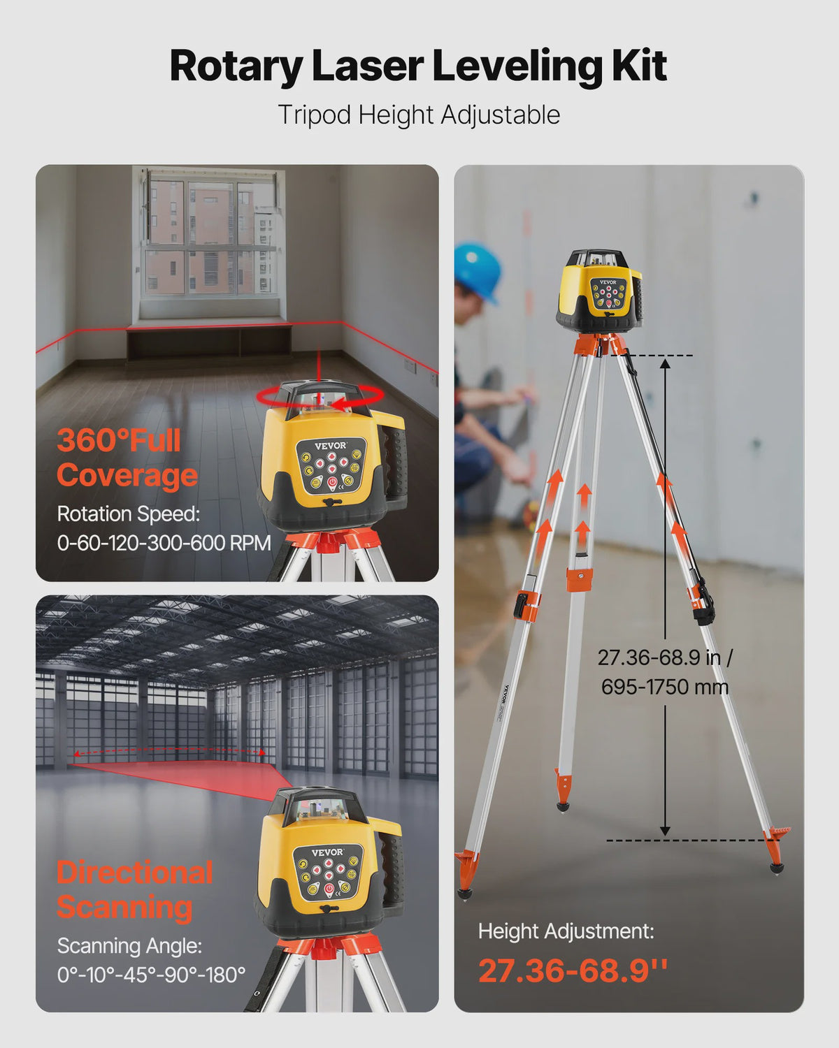 Professionele Roterende Laser Waterpas Set met Statief & Meetlat - Rode/Groene Straal, 300m Bereik, Hellingsfunctie