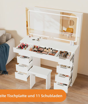 Luxe Kaptafel met LED Verlichting, 11 Lades en Ingebouwde Stopcontacten - Wit