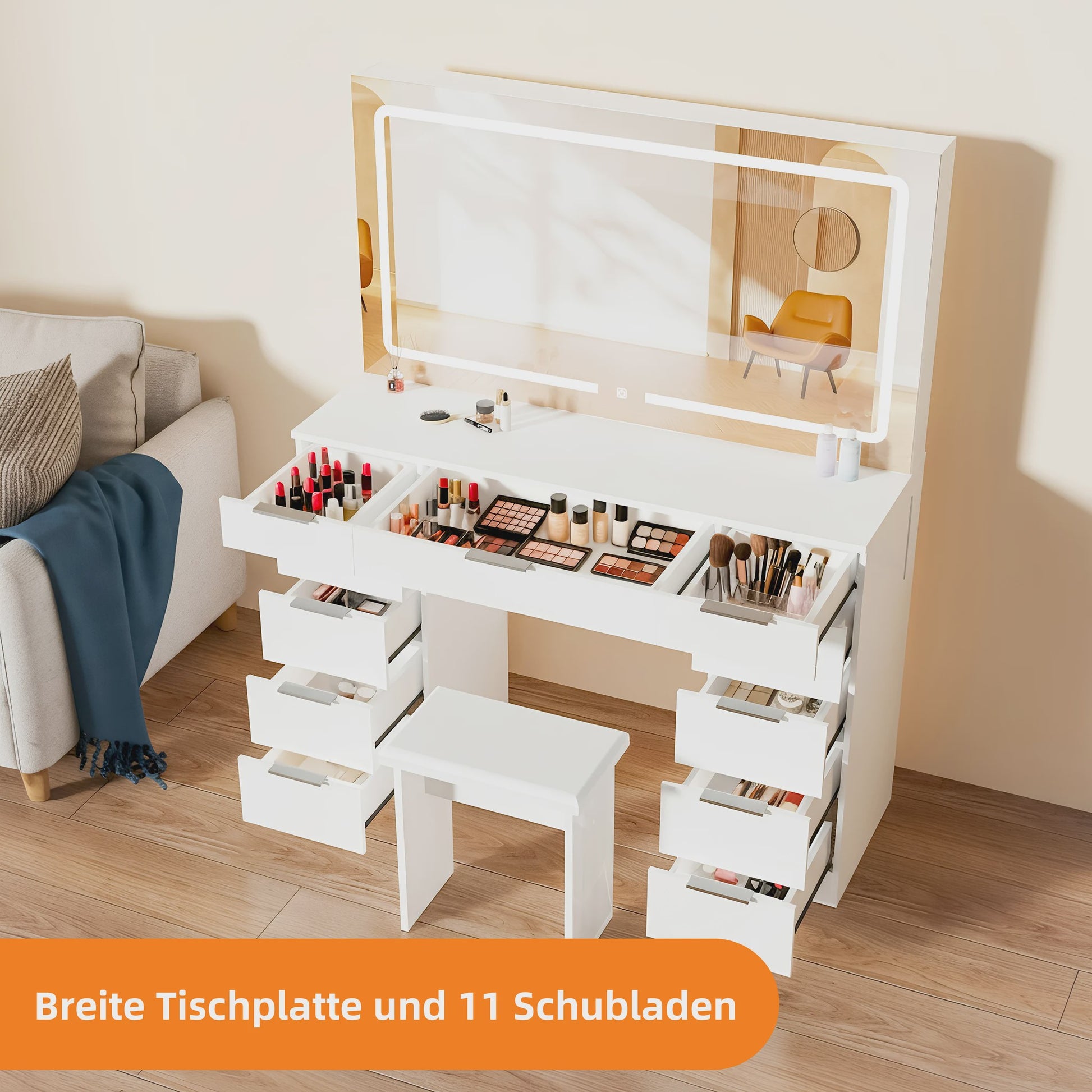 Luxe Kaptafel met LED Verlichting, 11 Lades en Ingebouwde Stopcontacten - Wit