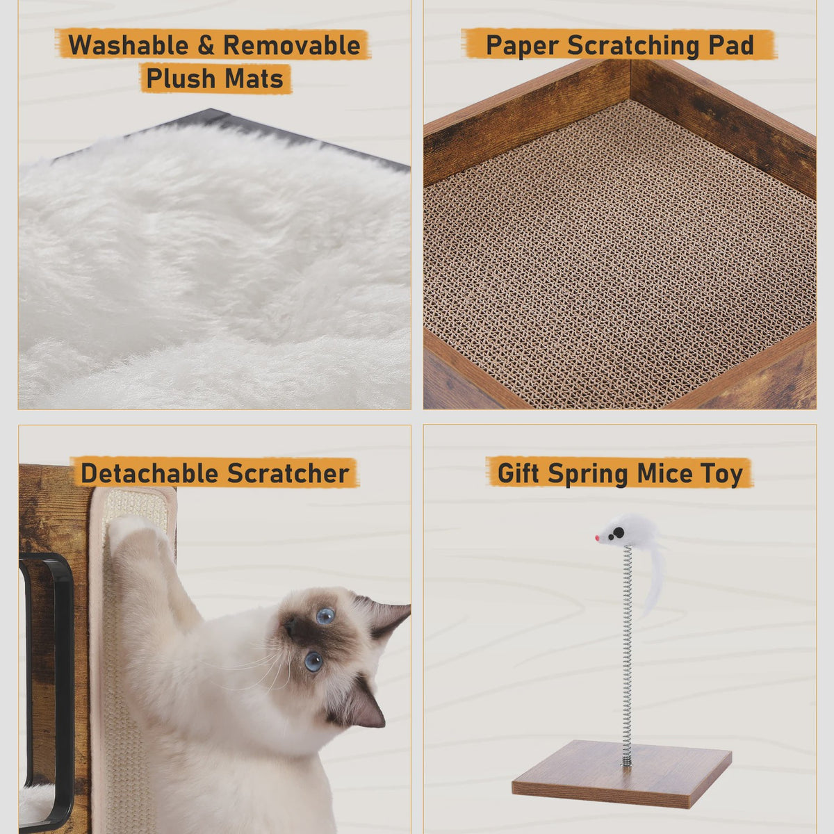 Moderne Houten Kattenboom met Krabpaal, Slaapplek en Speeltje