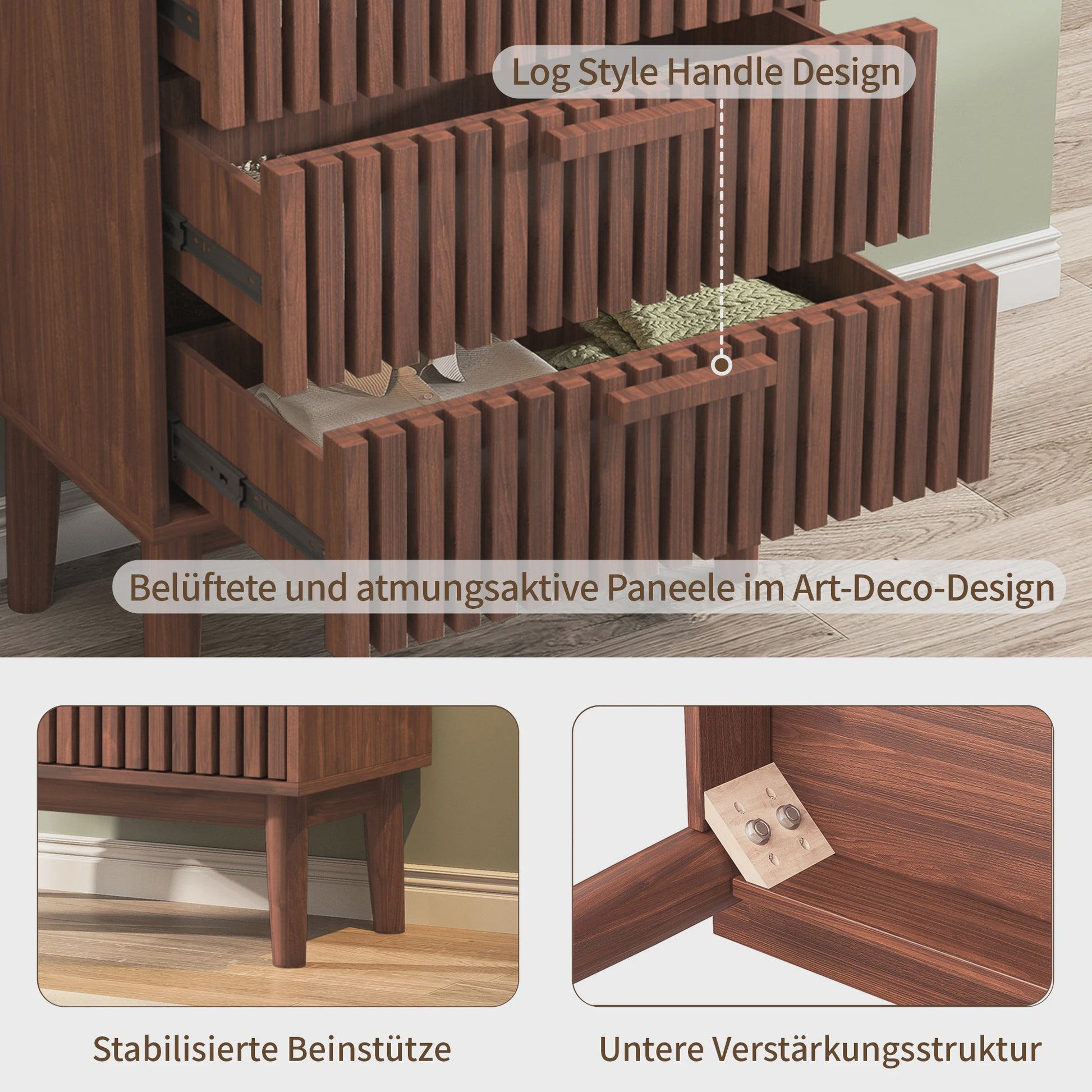 Ladekast met 4 laden, eikenhout look, massief houten poten - Decoratieve opberger voor hal, woonkamer of slaapkamer (60x34x91 cm)