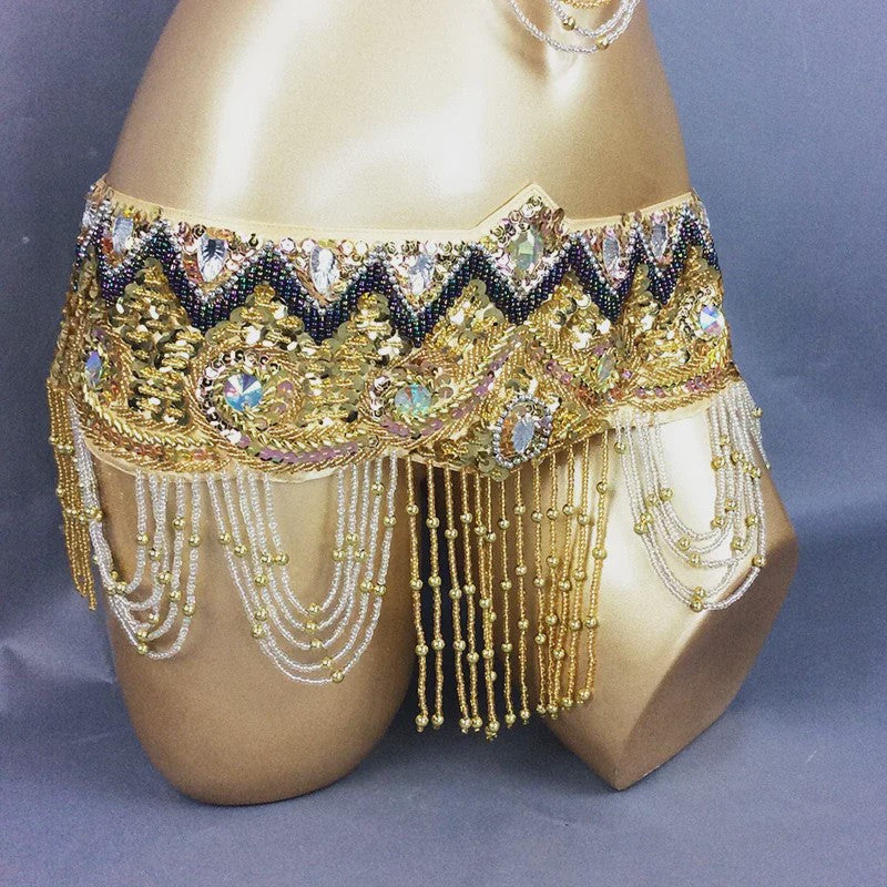 Dames Buikdans Set: Luxe Beaded Bh & Heupsjaal met Franjes