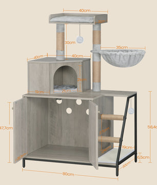 Moderne 4-in-1 Kattenboom met Kattenbakmeubel, Groot Platform, Trapjes en Pompom