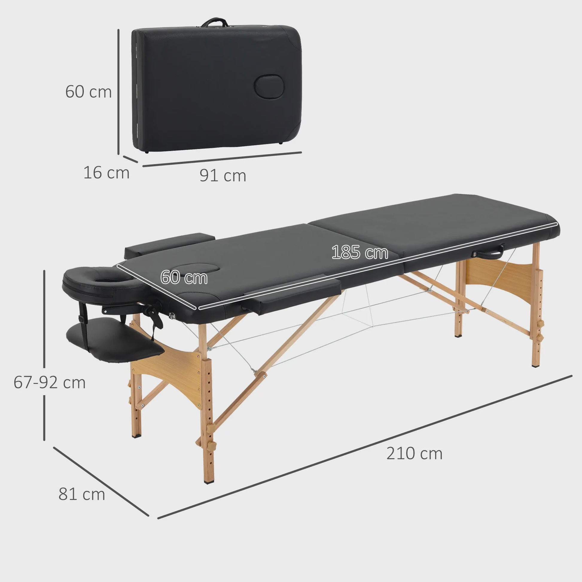 HOMCOM Houten Opvouwbare Massagetafel - 2 Zones - Zwart