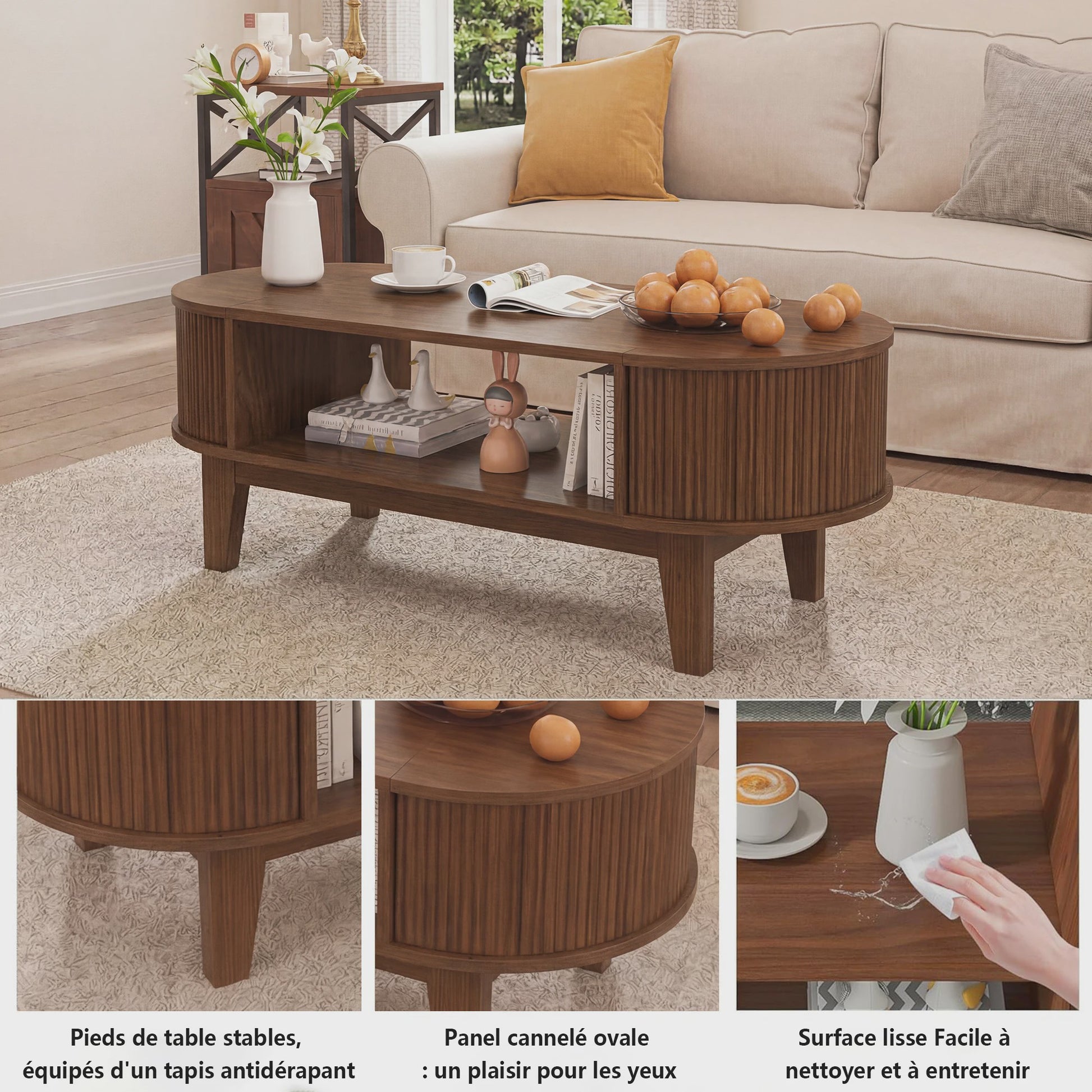 Elegante Retro Koffietafel met Dubbele Verborgen Opbergruimte en Flip-Top, Bruin