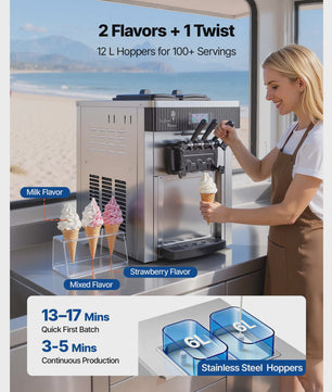 Professionele Soft Serve IJsmachine met 3 Smaken en Voorkoeling - Ideaal voor Snacks & Desserts