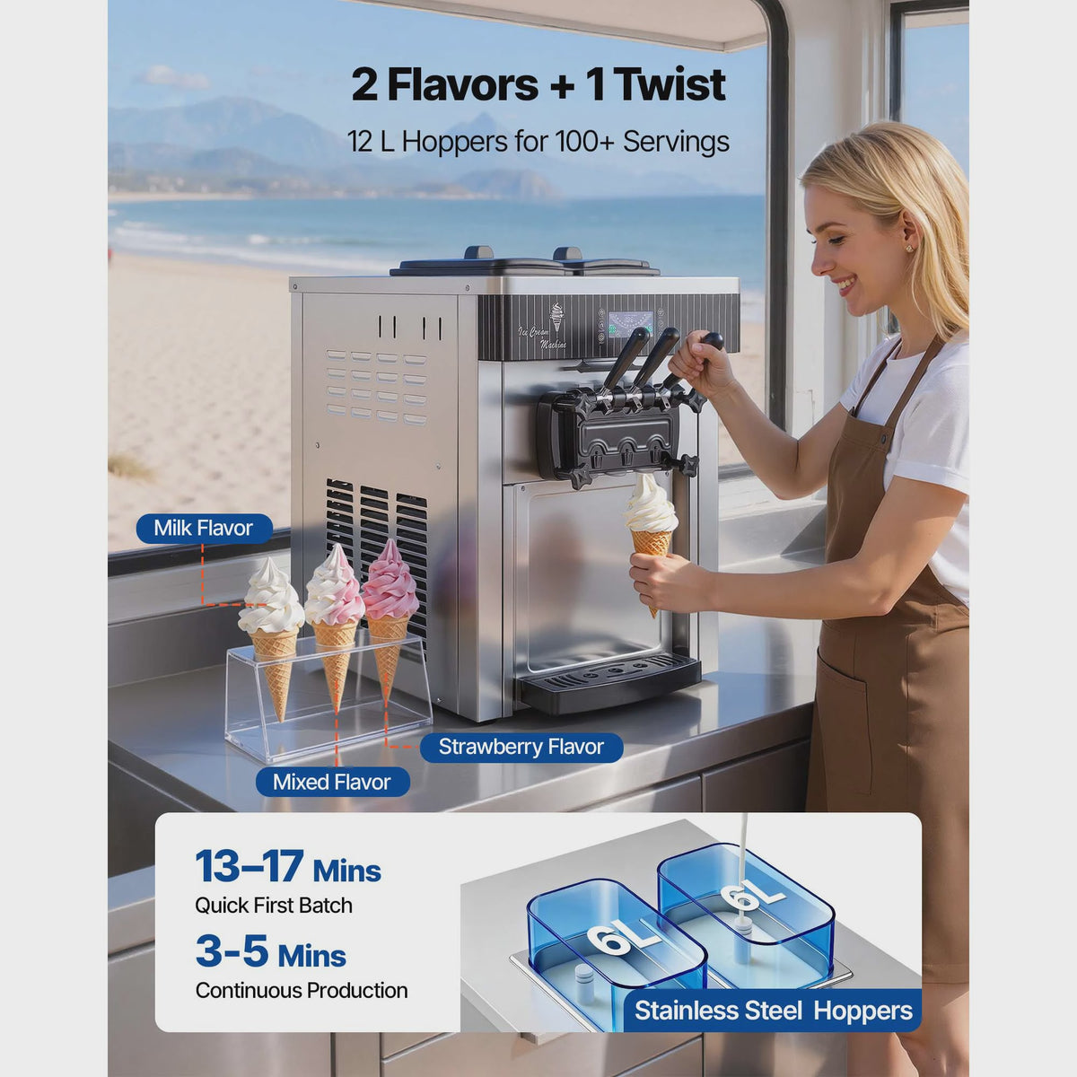 Professionele Soft Serve IJsmachine met 3 Smaken en Voorkoeling - Ideaal voor Snacks & Desserts
