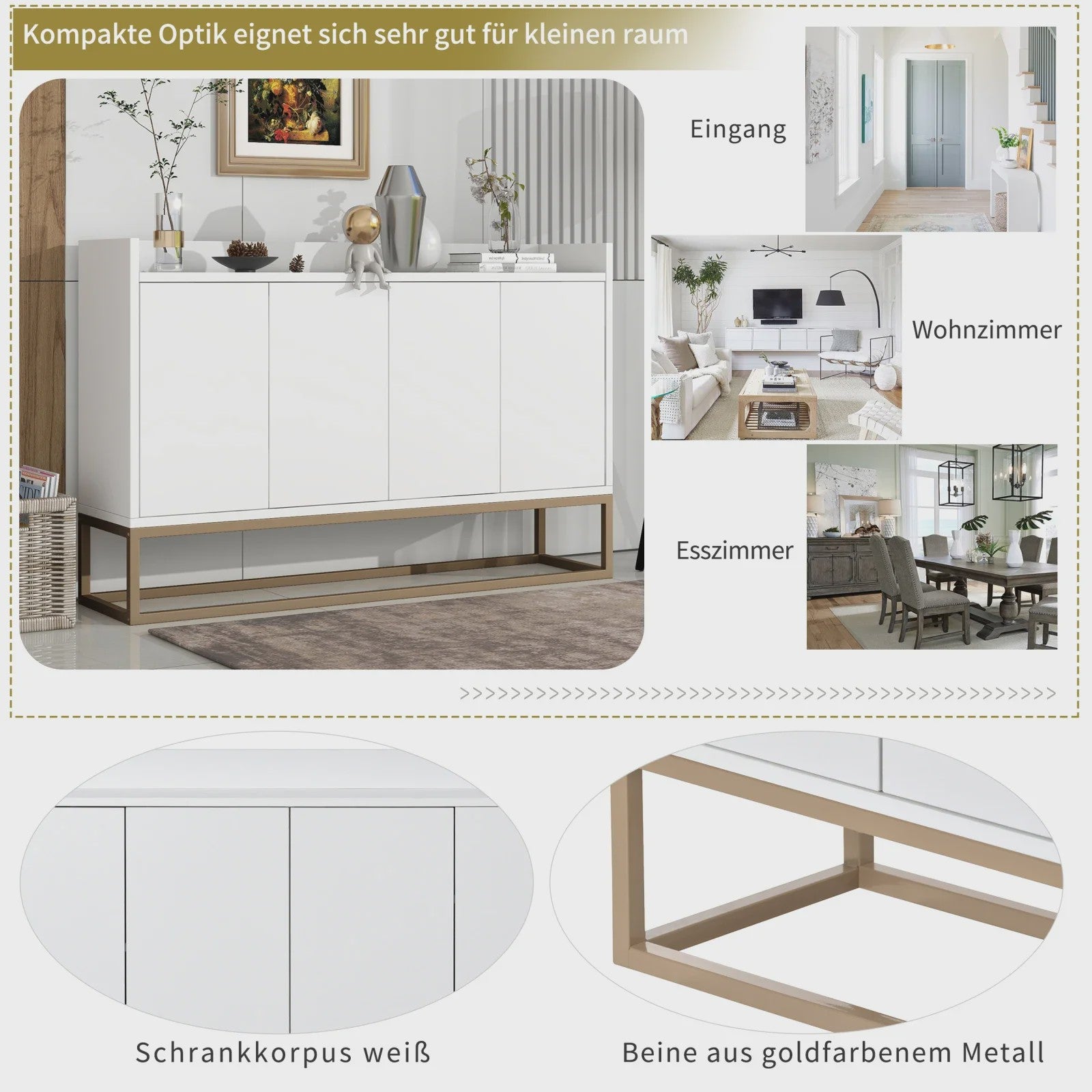 Modern Dressoir met 4 Deuren en Handgreep-loos Design - Wit, Zwart of Blauw
