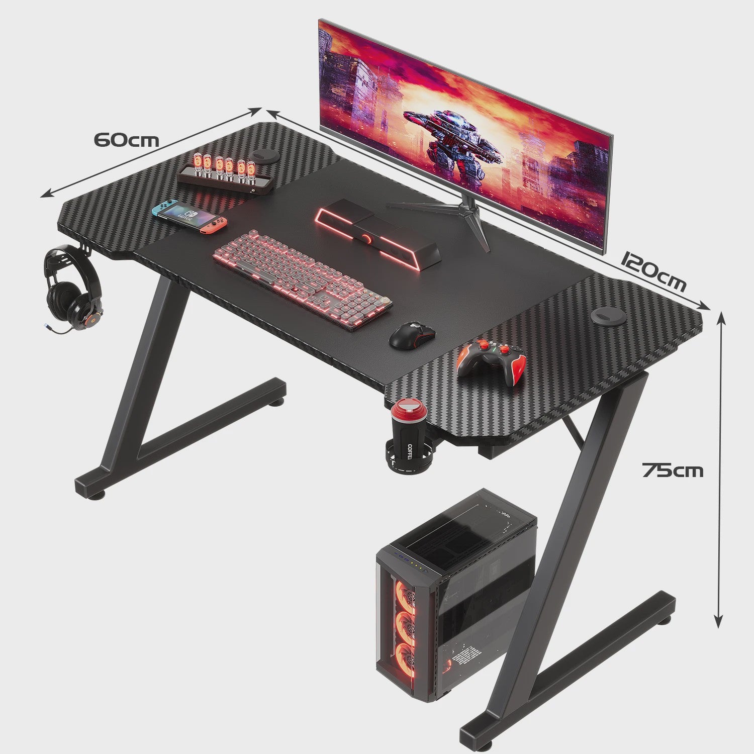 Devoko Gaming Bureau 120x60 cm met Hoofdtelefoonhaak en Carbon Fiber Afwerking