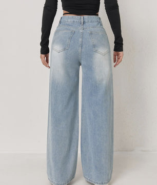 Lichtblauwe Y2k Wide Leg Jeans voor Dames - Comfortabele Denim Broek met Hoge Taille