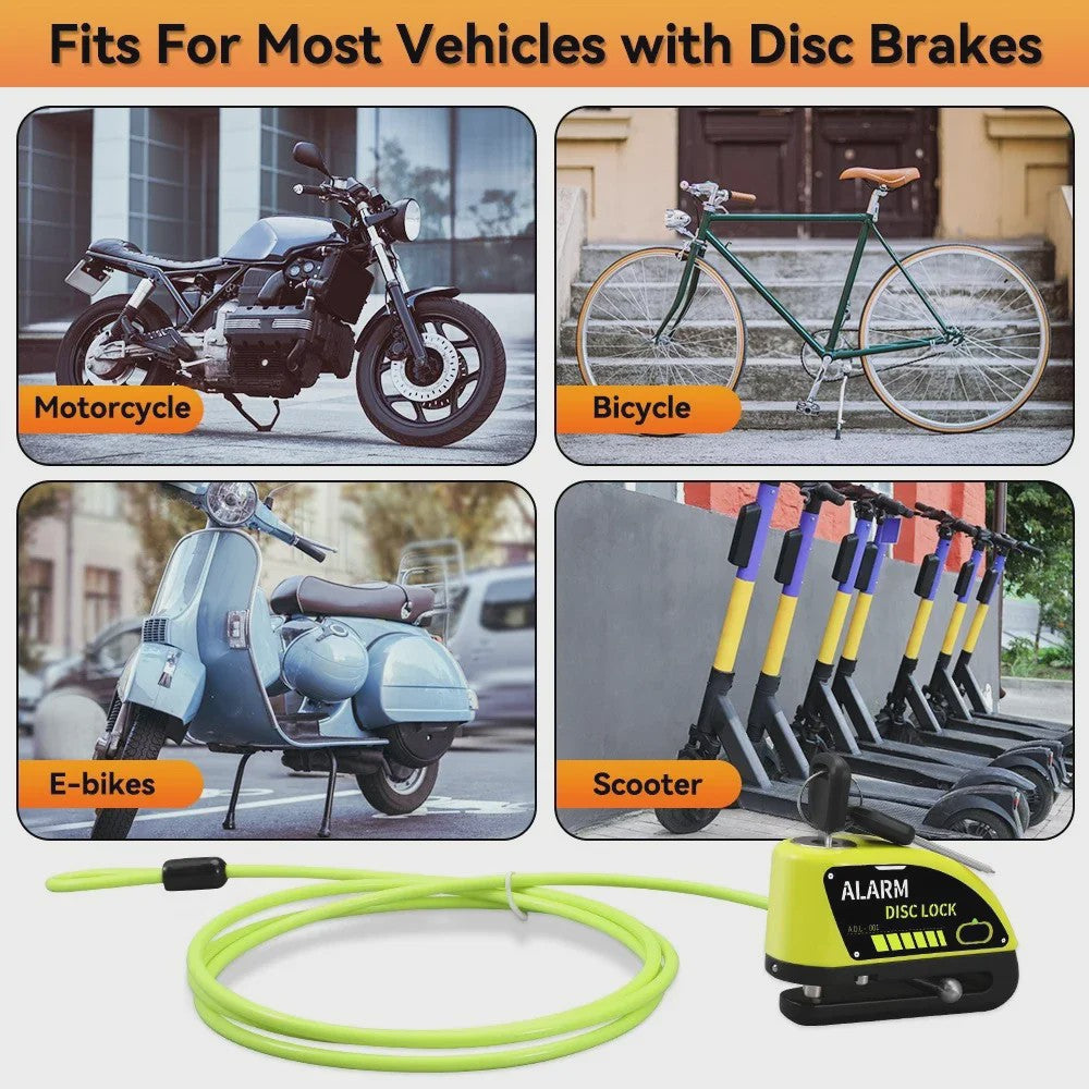 Schijfrem slot met 120dB alarm, oplaadbaar en waterdicht voor motor, fiets en scooter