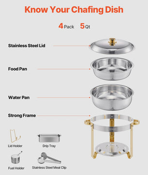 Set van 4 RVS Bain Maries (Chafing Dishes) - 5 Qt Capaciteit - Buffet Warmer