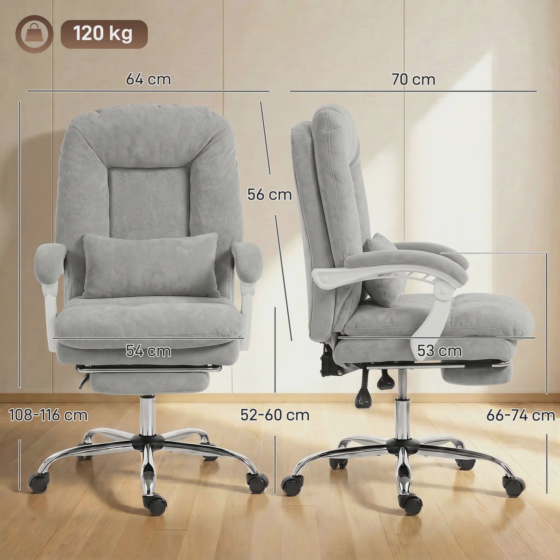 Ergonomische bureaustoel Velours Grijs met Lendesteun en Voetensteun