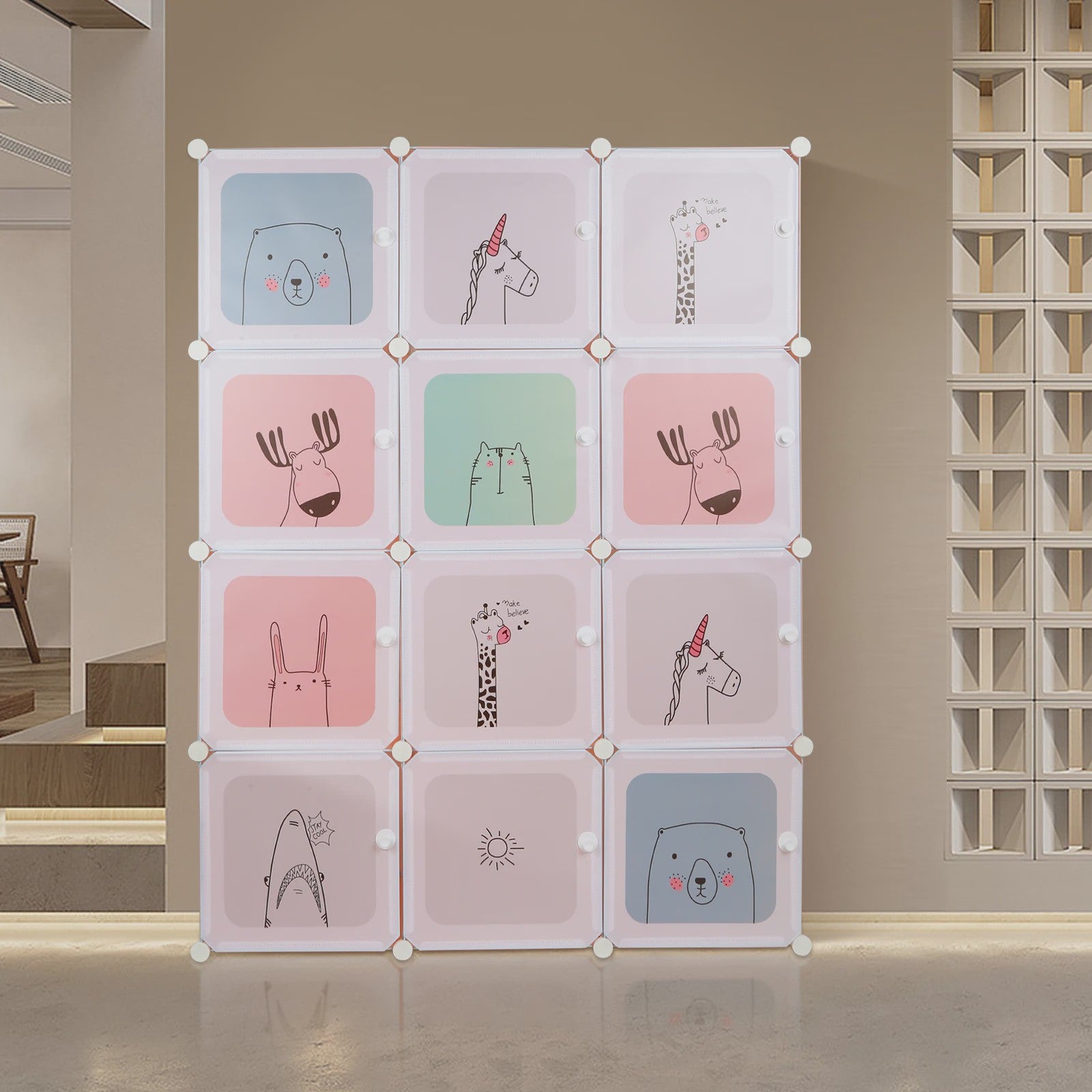Modulair Kinderkastje met 12 Roze/Blauwe Kubussen en Dierenprints