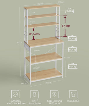 Keukenrek met Stopcontacten, 6 Haken en Metalen Frame - Ideaal voor Magnetron & Keukengerei (80x40x167 cm)