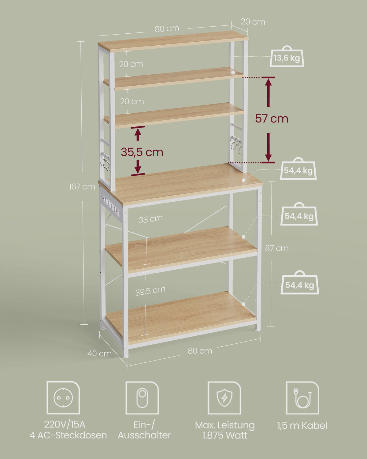 Keukenrek met Stopcontacten, 6 Haken en Metalen Frame - Ideaal voor Magnetron & Keukengerei (80x40x167 cm)