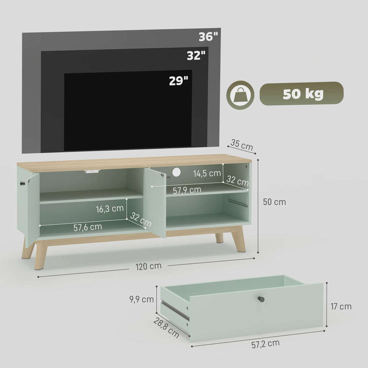 SediaXL TV Meubel 120 cm Lichtgroen met 2 Deuren, Lade en Open Vak - Geschikt voor TV's tot 36 inch