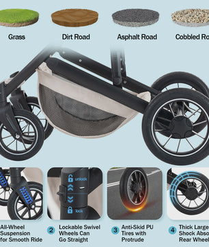 Luxe 3-in-1 Baby Kinderwagen: Hoge Landingsbaan Aluminium Frame, Inklapbaar, Reiswieg & Autostoel