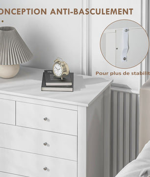Stijlvolle Witte 5-Laden Commode met Handgrepen en Anti-Tip Beveiliging - Ideaal voor de Slaapkamer