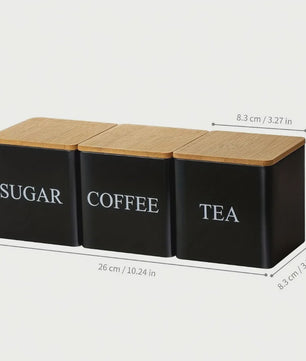 Set van 3 Keuken Potten met Bamboe Deksel - Voor Koffie, Thee & Suiker - Zwart/Wit - 500ml