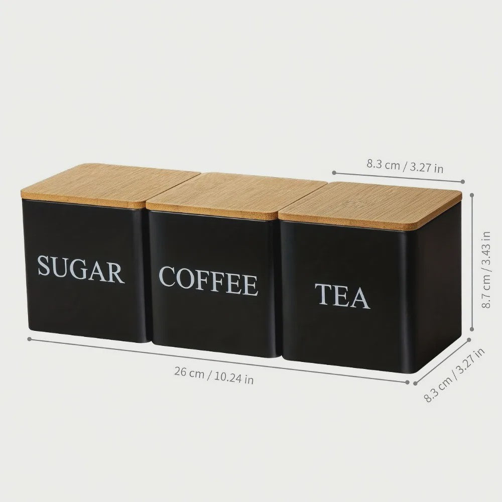 Set van 3 Keuken Potten met Bamboe Deksel - Voor Koffie, Thee & Suiker - Zwart/Wit - 500ml