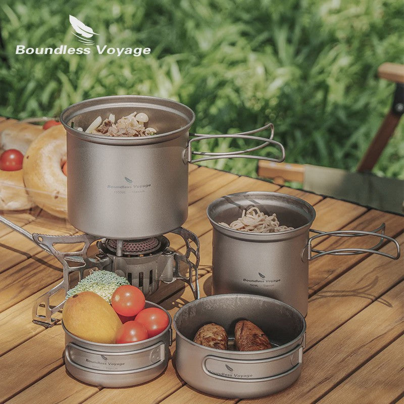 Boundless Voyage Titanium Kampeer Kookset - Lichtgewicht Potten & Pannen met Opvouwbare Handgrepen