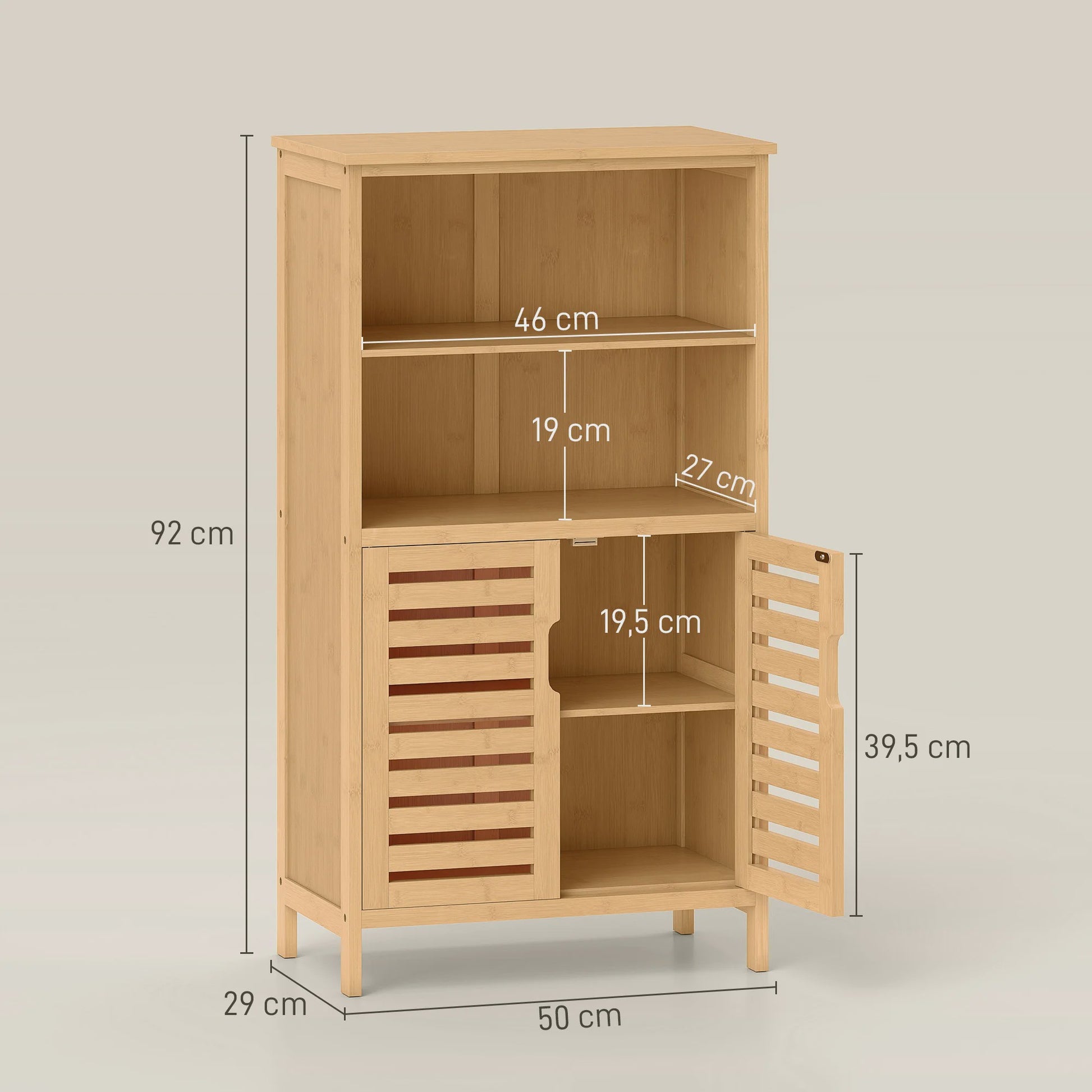 Kleankin Bamboe Badkamerkast met 2 Deuren en Open Vakken - 50x29x92 cm