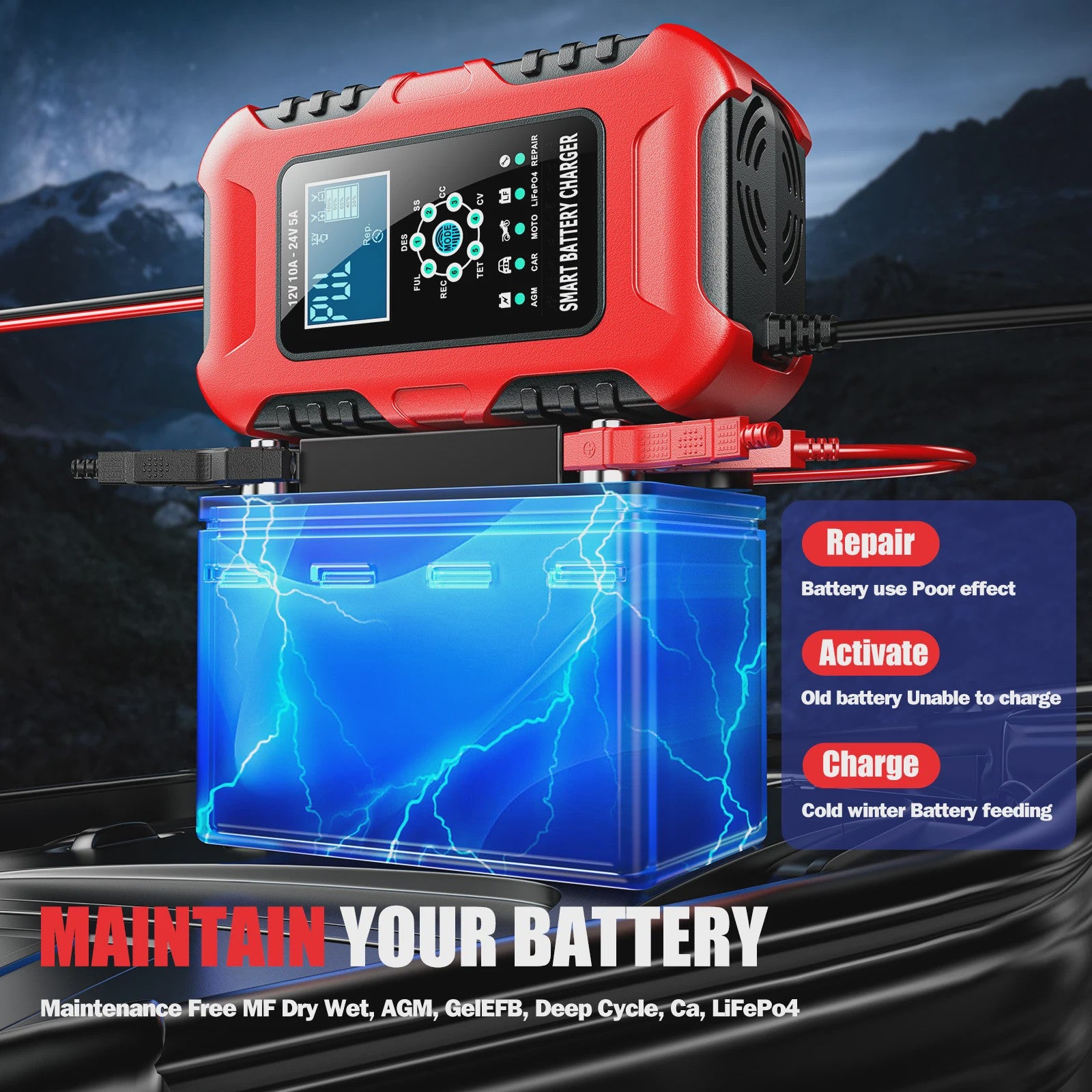 Slimme 12V/24V Acculader met LCD Display en Reparatie Modus