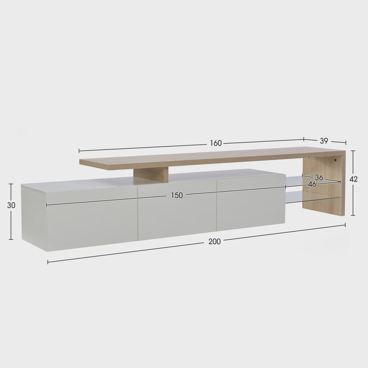 Moderne TV Meubel met LED Verlichting, 3 Lades en Glazen Partition - Wit/Zwart Hoogglans